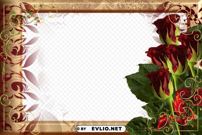 beautiful golden frame with red roses PNG transparent design diverse assortment