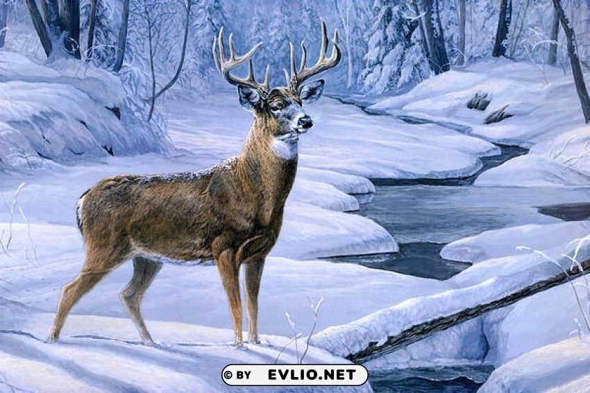 beautiful winter landscape with deer PNG graphics with transparency