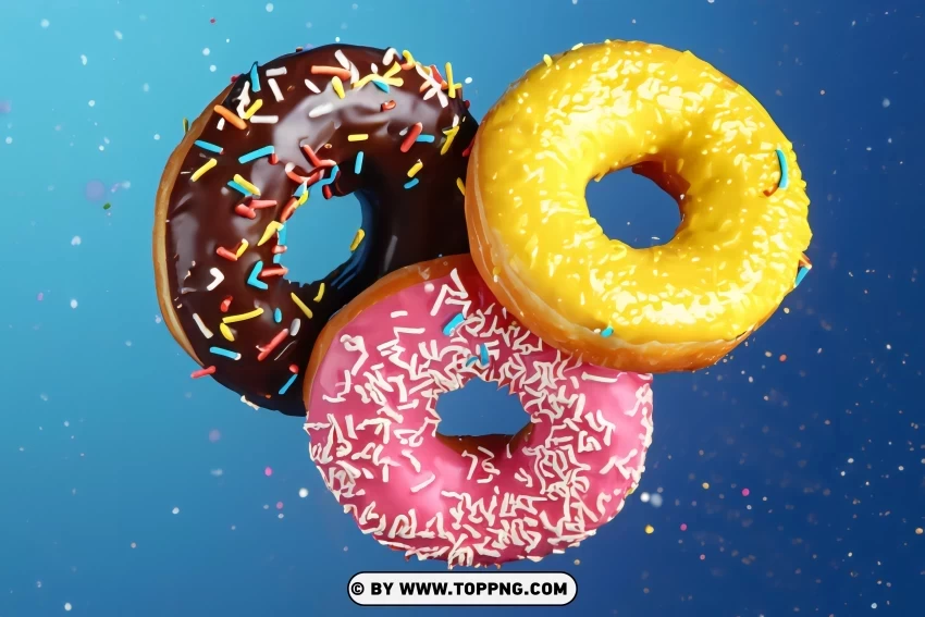 Chain of Flying Doughnuts on Blue Clear Background Isolated PNG Illustration