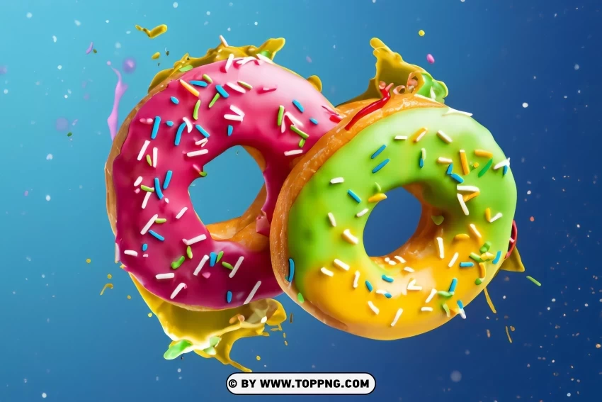 Colorful Donuts Flying With Milk Splash On Blue Clear Background Isolation in PNG Format