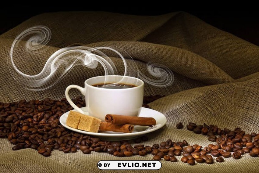 cup of coffee coffee seeds cinnamon and brown sugar PNG Image with Isolated Artwork
