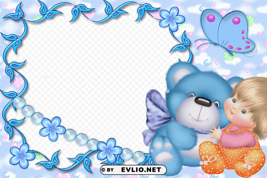 cute kids blue transparent frame with kid and teddy bear Isolated Artwork with Clear Background in PNG