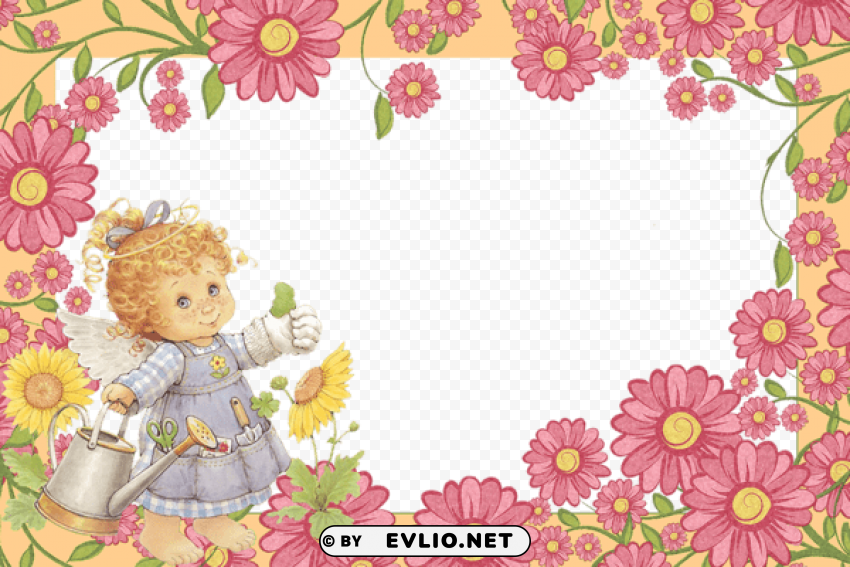 cute little angel with flowers frame PNG for social media