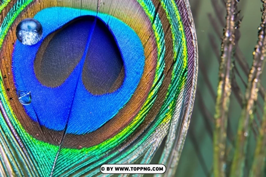 Enchanting Peacock Feather with a Floating Water Drop Isolated Graphic Element in HighResolution PNG