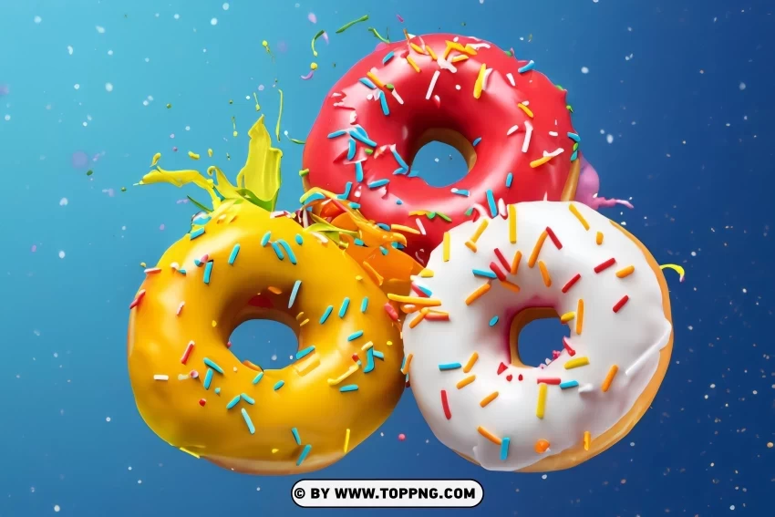 Flying Three Doughnuts Blue and Pink Clean Background Isolated PNG Illustration