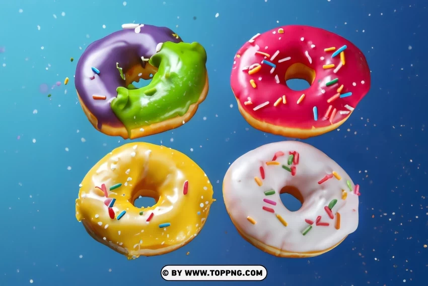 four Round Different Donuts With Sprinkles CleanCut Background Isolated PNG Graphic
