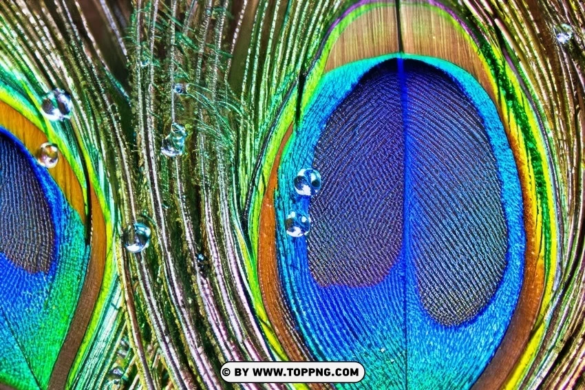 Glistening Water Drop on a Stunning Peacock Feather Background Isolated Graphic Element in Transparent PNG