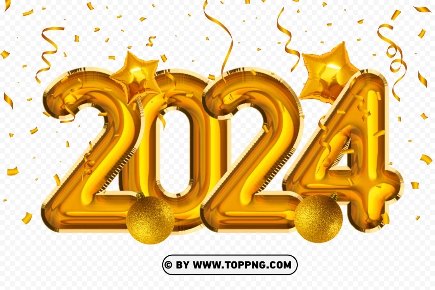 Gold 2024 Design With Star And Balls Holidays and confetti HD Isolated Object with Transparent Background PNG