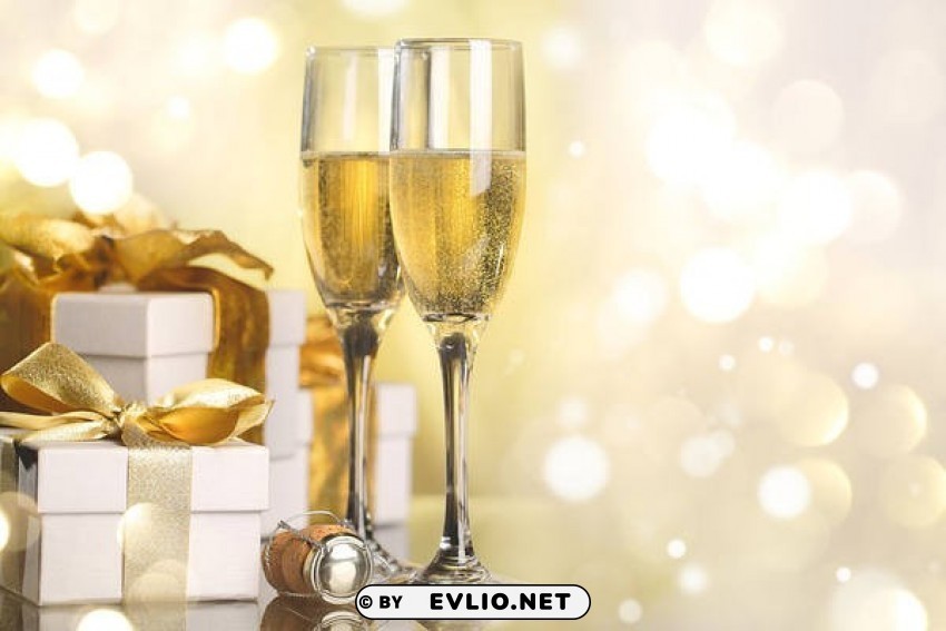 goldenwith gift and champagne PNG images with alpha transparency diverse set