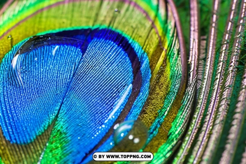 Graceful Water Droplet on a Beautiful Peacock Feather Background Isolated Graphic in Transparent PNG Format