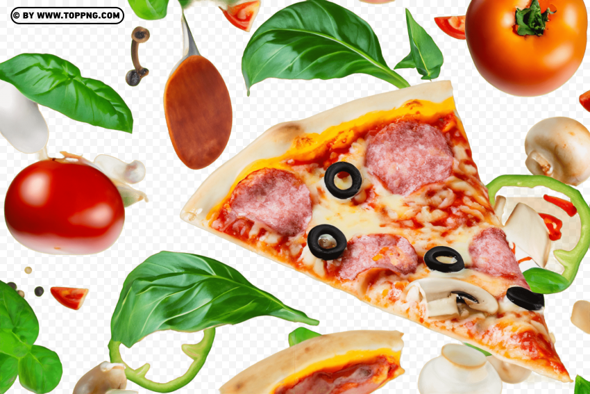 Italian Cuisine Pizza Slice with Flying Ingredients Isolated Character in Transparent PNG