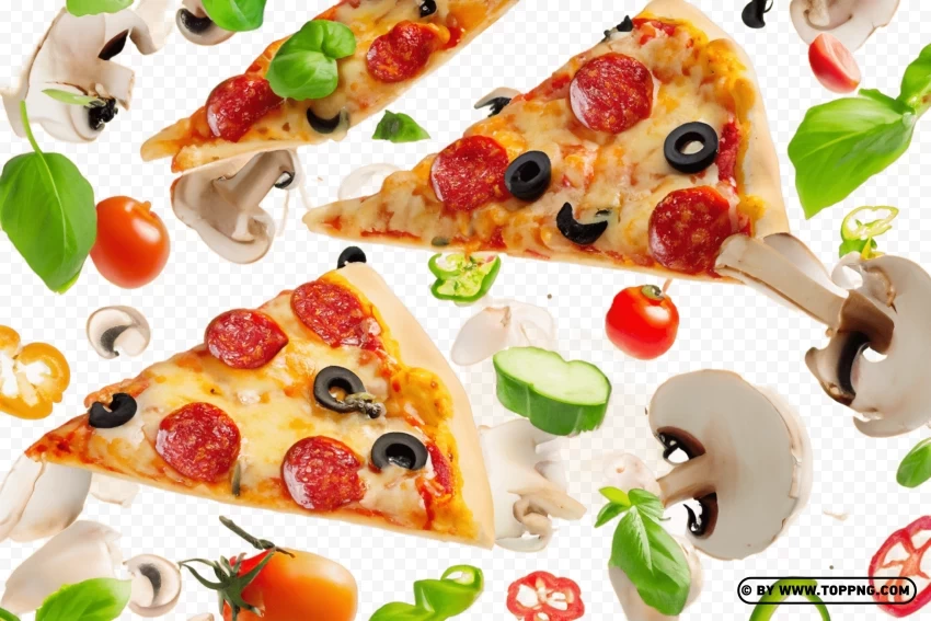 Italian Cuisine Pizza Slices with Flying Ingredients Free Isolated Character on HighResolution PNG