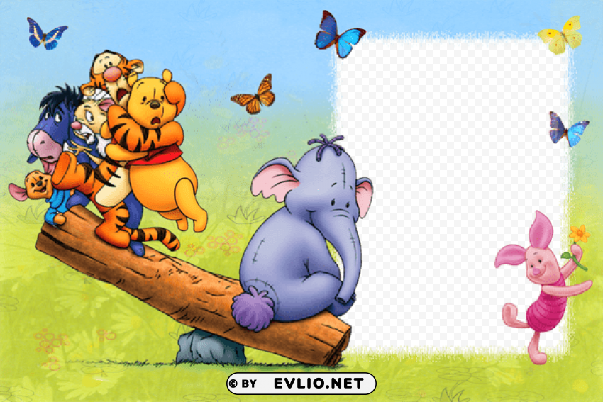 kids frame winnie the pooh with friends and butterflies Isolated Artwork on Transparent PNG