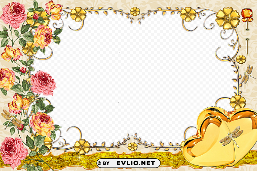 Large Transparent Gold Frame With Flowers Clear Background PNG Isolated Design