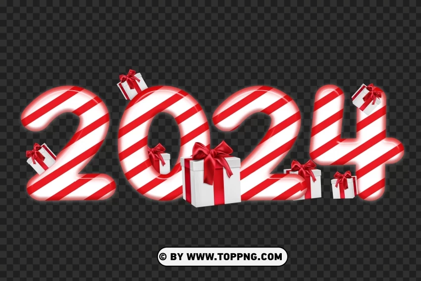 New Year Red 2024 Candy Style Text With Gift Boxes Isolated Object on Clear Background PNG
