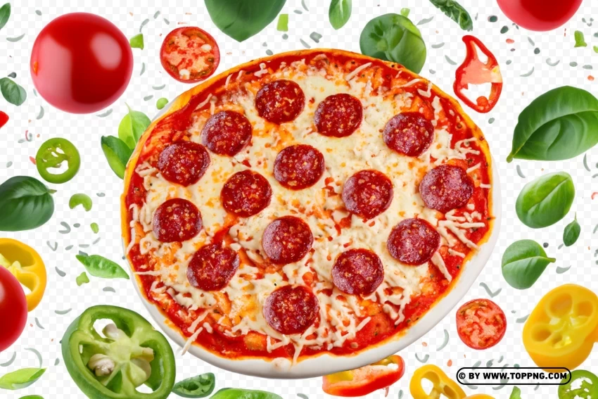 Pepperoni Pizza With Flying Ingredients with Clear Isolated Design Element in Transparent PNG