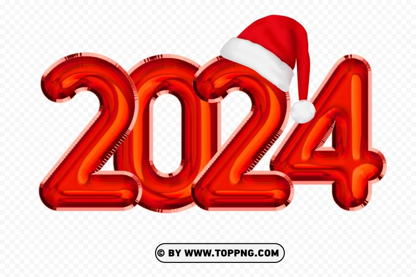 Red 2024 With Santa Hat Balloons Styles Image HD Isolated Object with Transparency in PNG