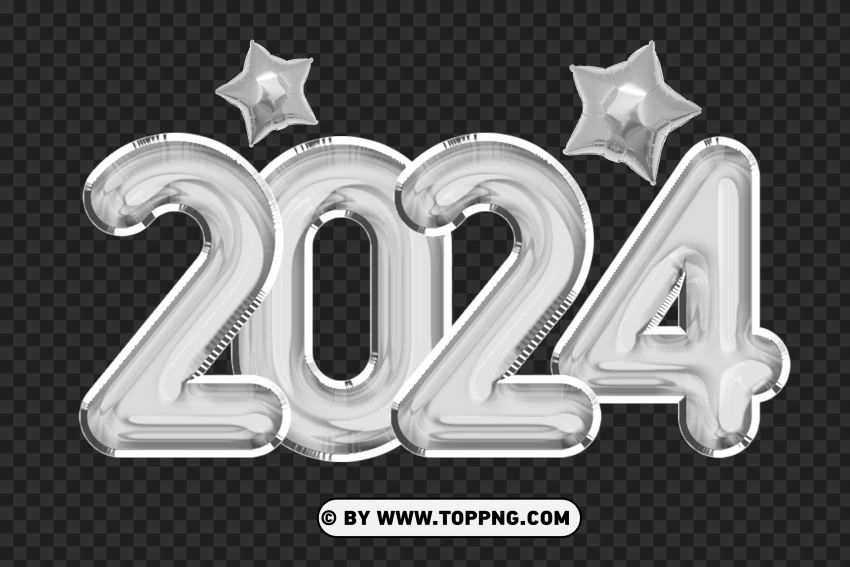 Silver Balloons 2024 with Elegant Star Isolated Object with Transparent Background in PNG