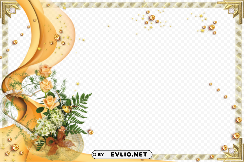 transparent gold frame with yellow roses Clear Background Isolated PNG Illustration