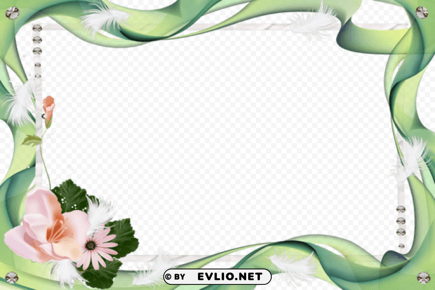 transparent green photo frame with pink flowers Clear Background Isolated PNG Object
