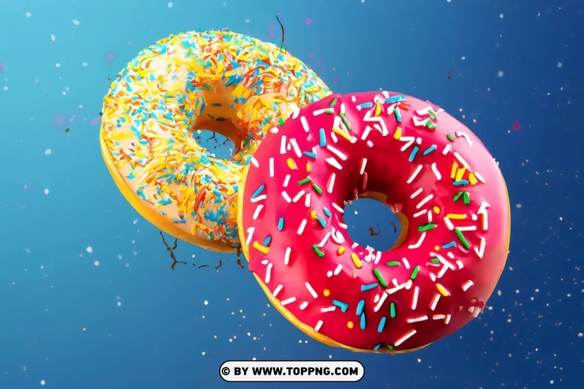 Two Flying Sweet Doughnuts Red and Yellow with Sprinkles on a Blue Clear background PNG elements