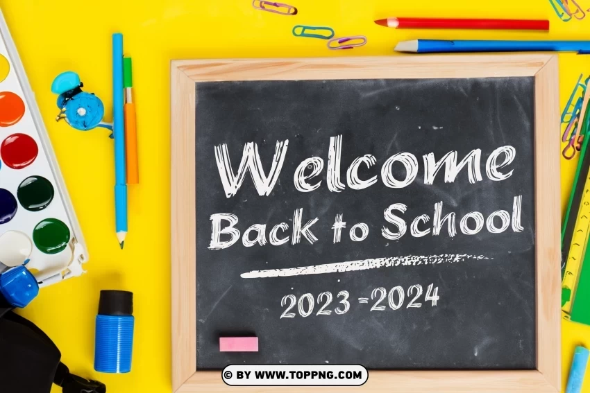 Welcome Back 2023 2024 Realistic school supplies on blackboard background PNG Image Isolated with HighQuality Clarity
