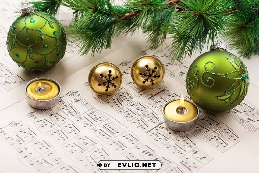 with musical score christmas ornaments and pine branch Free PNG images with alpha channel