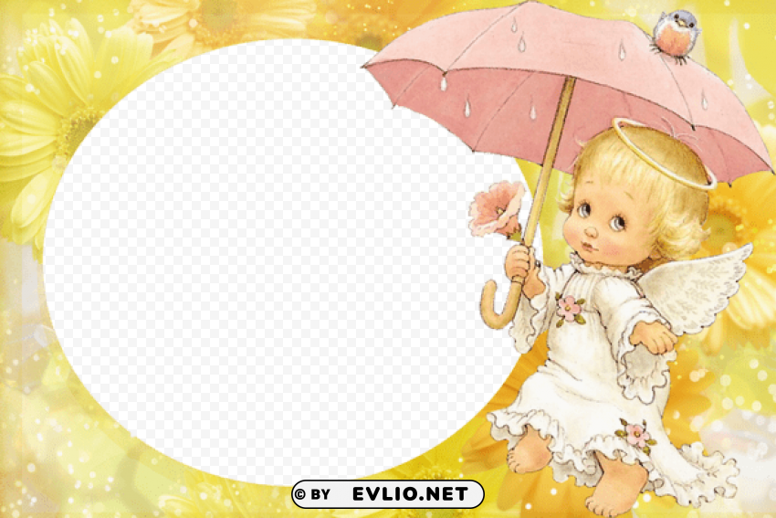 yellow transparent kids frame with cute angel ClearCut Background Isolated PNG Graphic Element