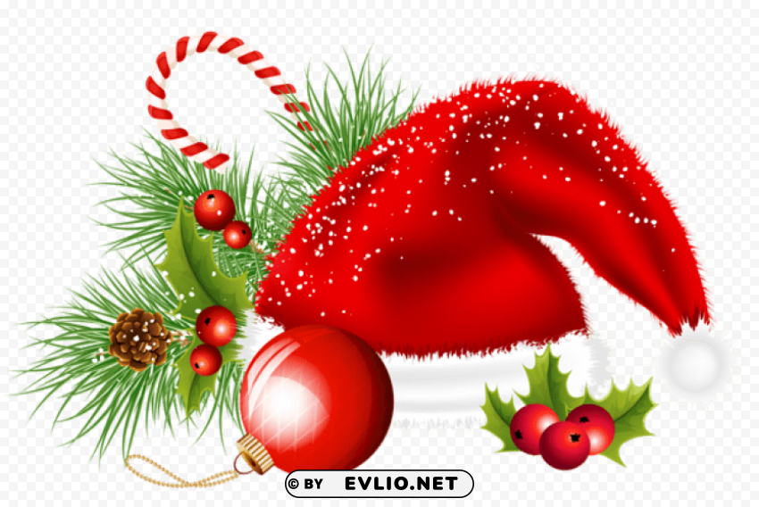 transparent christmas santa hat and ornaments decoration PNG with cutout background