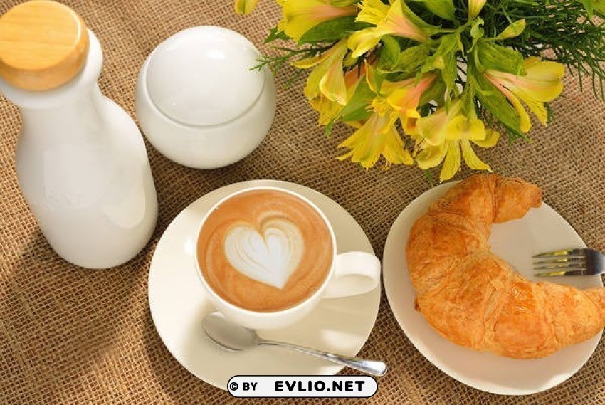 cup of coffee flowers and croissant PNG Graphic with Transparent Background Isolation