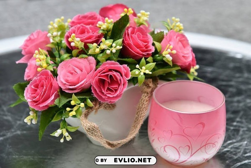 pink flowers and candle Isolated Character in Clear Transparent PNG