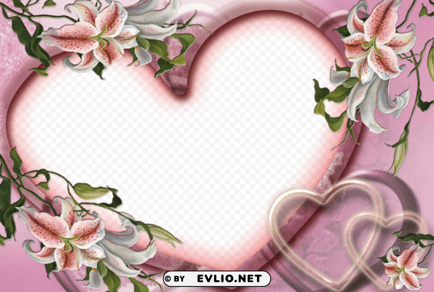 cute pink heart transparent photo frame with flowers Clear background PNG clip arts