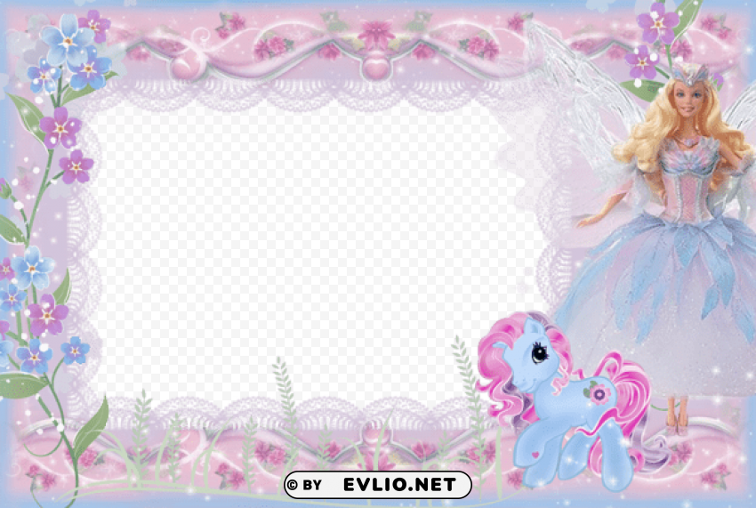 girls kids transparent frame with barbie and pony HighQuality PNG Isolated Illustration