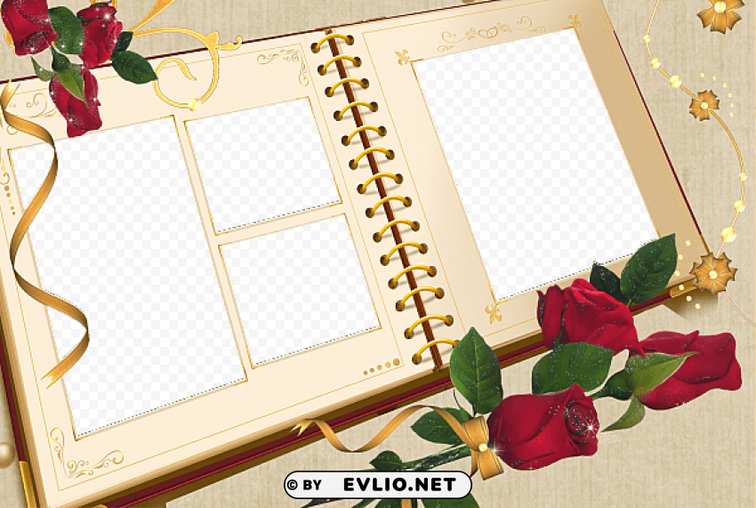 large transparent album frame with roses Clear Background PNG with Isolation