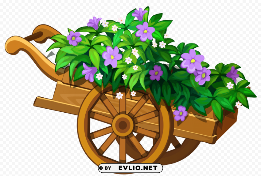 wooden garden wheelbarrow with flowers PNG Graphic with Clear Isolation