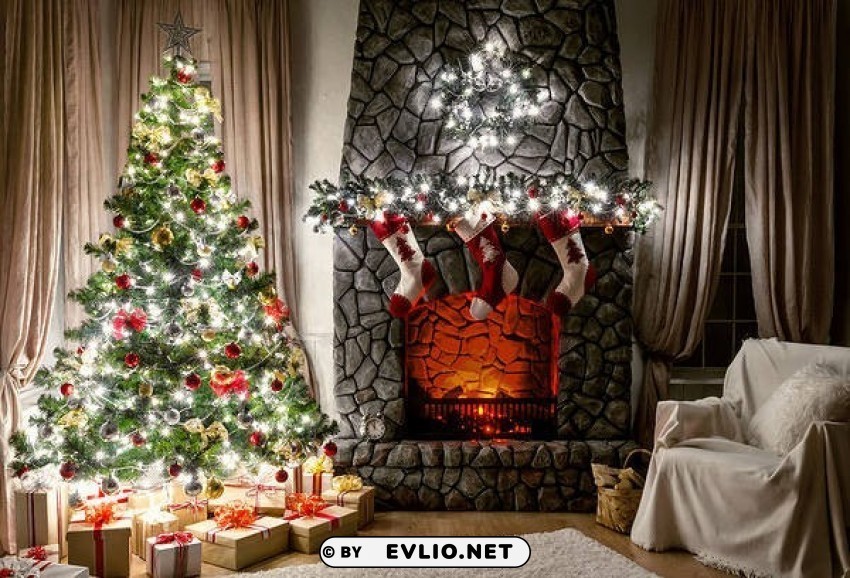 christmaswith tree and fireplace Isolated Character with Clear Background PNG