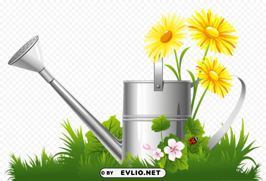 spring decoration with water can grass and flowers Transparent PNG images set