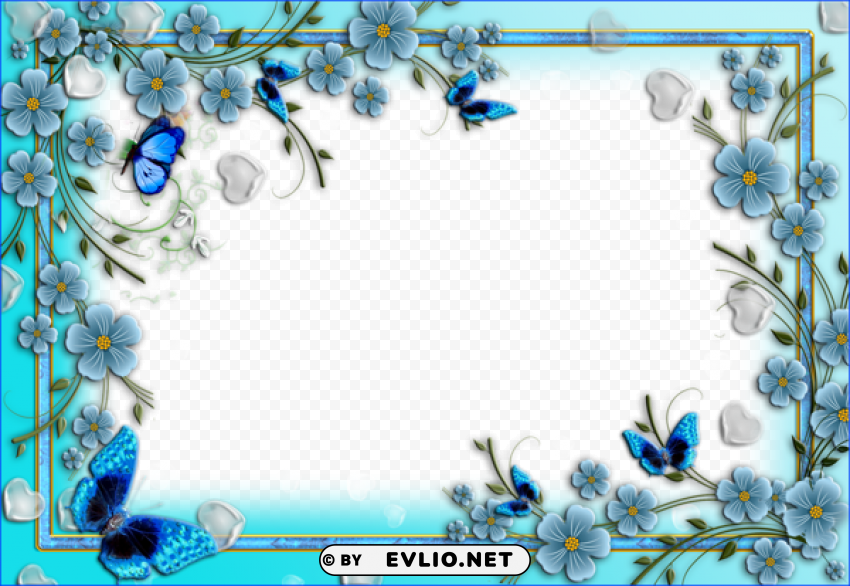 blue flowersphoto frame with hearts and butterflies PNG Image with Isolated Subject