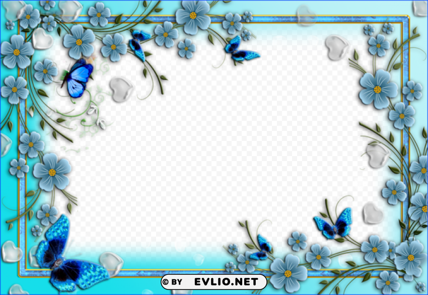 Blue Flowersphoto Frame With Hearts And Butterflies PNG Image With Isolated Subject