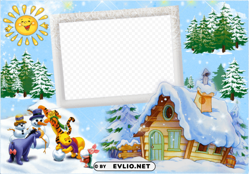 christmas kids winter frame with winnie the pooh and friends and snowman Transparent Background Isolation in HighQuality PNG