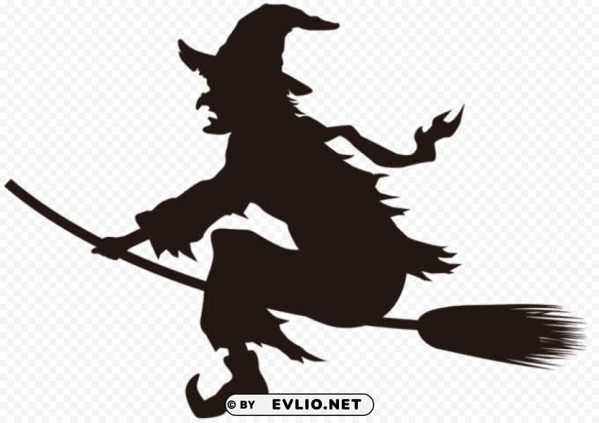 halloween witch on broom silhouette Clear Background PNG Isolated Design Element