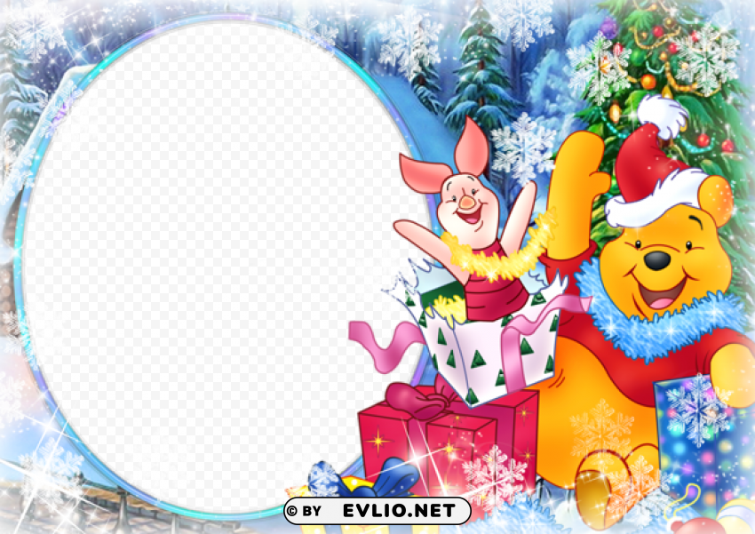 large christmas kids frame with winnie the pooh Transparent Background Isolation in PNG Format