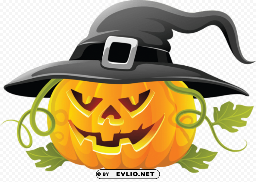 large transparent halloween pumpkin with witch hat PNG no background free
