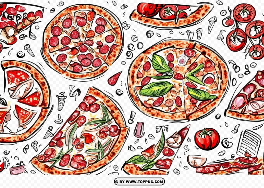 Hand Drawn Pizza Toppings Doodle Vector Isolated Object on Transparent PNG