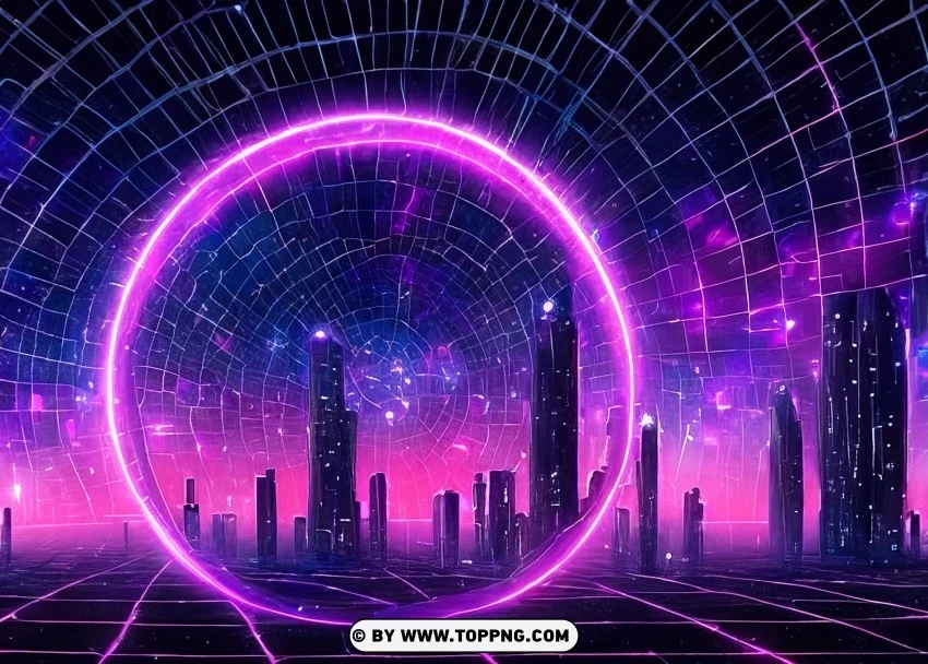 Aesthetic Digital Metropolis Radiating Pink-Purple Ring Wallpaper Flare Isolated Object with Transparency in PNG