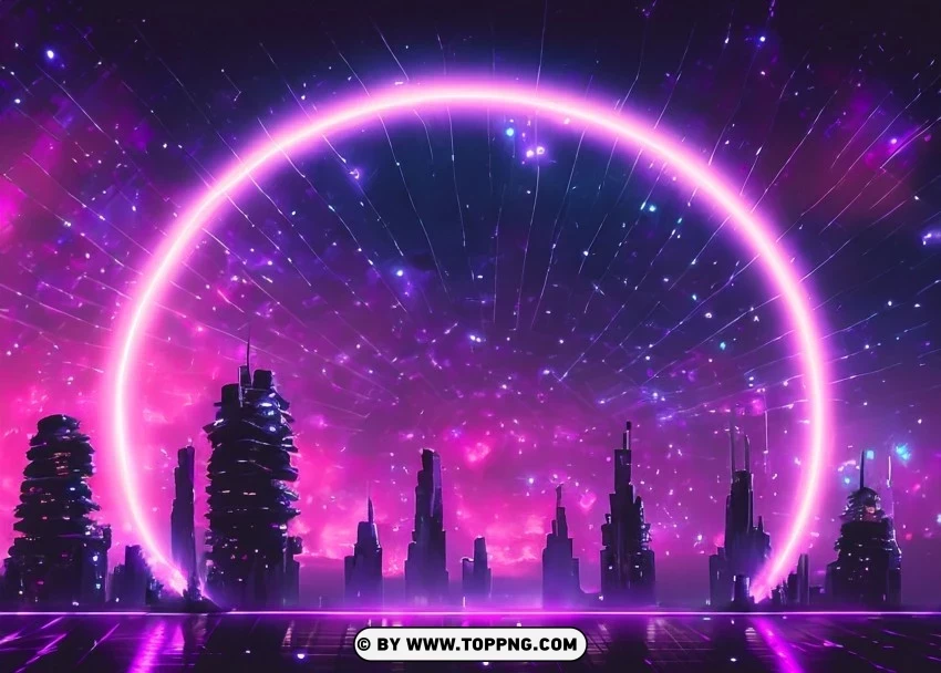 Aesthetic Digital Metropolis Radiating Pink-Purple Ring Wallpaper Flare PNG artwork with transparency - Image ID bc3a1758