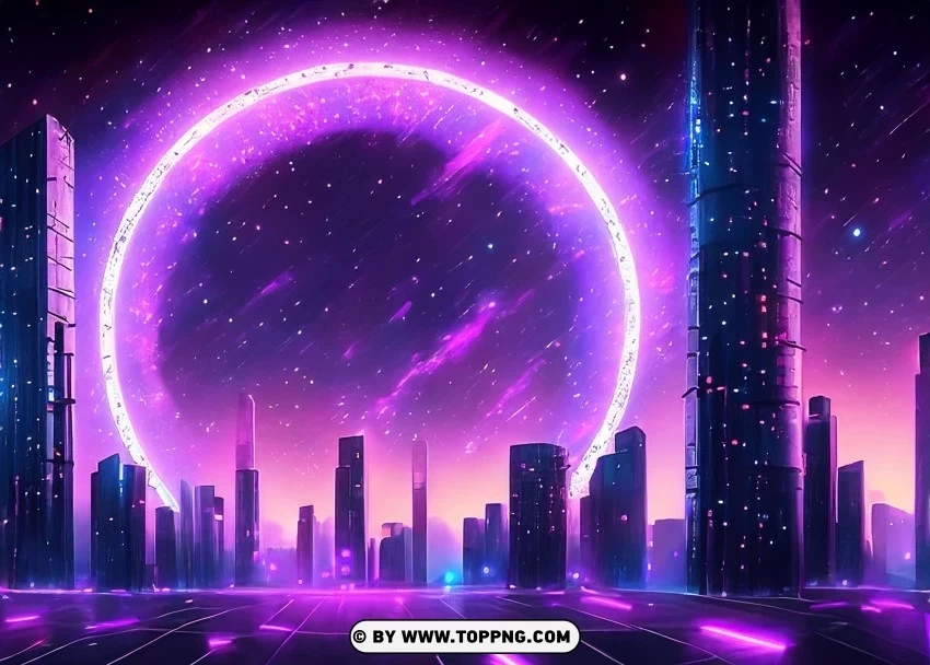 City Lights Symphony Futuristic Purple Neon Ring Center Wallpaper Flare Isolated PNG Graphic with Transparency