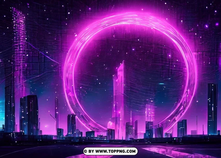 City of Neon Dreams and Luminous Pink-Purple Ring Wallpaper Flare Isolated Item with Clear Background PNG