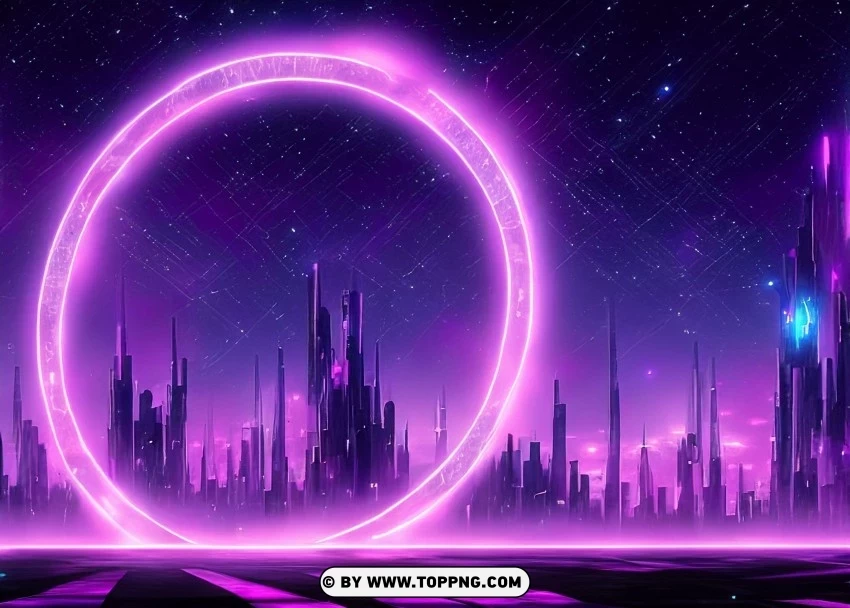 Cyberpunk City Horizon illuminated by Enigmatic Purple Neon Wallpaper Flare Isolated Object with Transparent Background in PNG