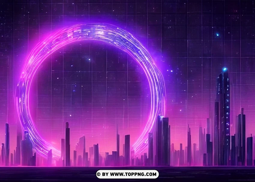 Cyberpunk City Horizon illuminated by Enigmatic Purple Neon Wallpaper Flare PNG clear background